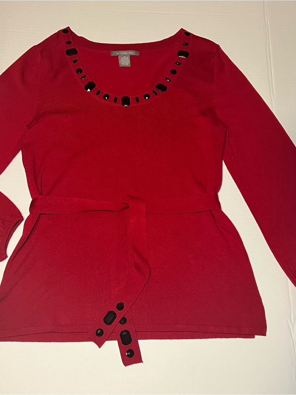 NY Collection Red Jeweled Scoop-Neck Belted Knit Top